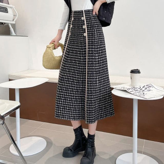 Midi High Skirt Knit A-Line Waist Plaid