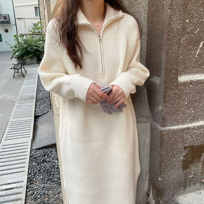 Sweater Long-Sleeve Half-Zip Ribbed Plain Dress Midi