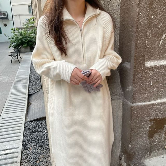 Sweater Long-Sleeve Half-Zip Ribbed Plain Dress Midi