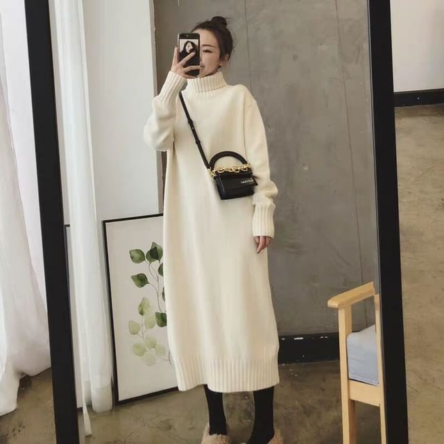 Midi Plain Turtleneck Long-Sleeve Sweater Dress