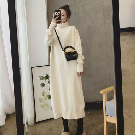 Midi Plain Turtleneck Long-Sleeve Sweater Dress