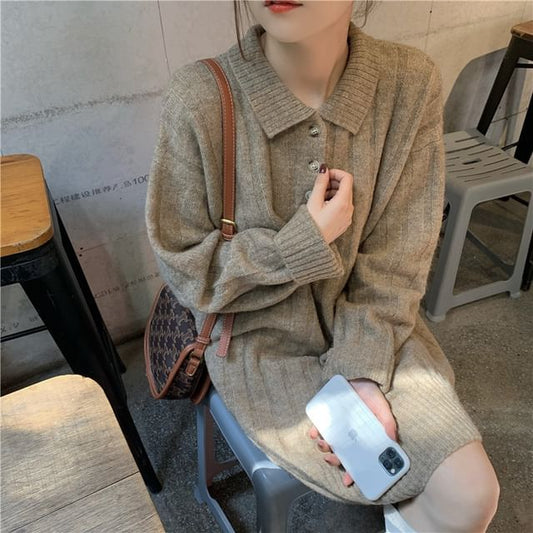 Dress Plain Polo-Neck Mini Sweater Long-Sleeve