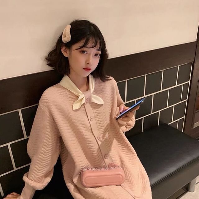 Dress Puff-Sleeve Midi Plain Knit Button-Up Tie-Neck
