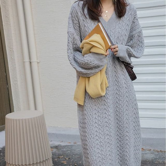 Plain Sweater Midi Dress V-Neck Long-Sleeve