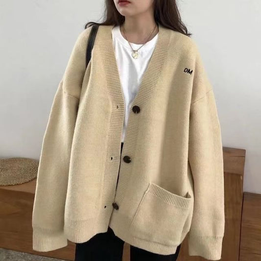 Letter Button-Up Embroidered V-Neck Cardigan
