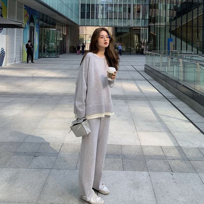 Wide T-Shirt Set: Two-Tone Neck Leg Pants Crew Waist Long-Sleeve + High