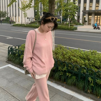 Wide T-Shirt Set: Two-Tone Neck Leg Pants Crew Waist Long-Sleeve + High