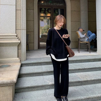 Wide T-Shirt Set: Two-Tone Neck Leg Pants Crew Waist Long-Sleeve + High