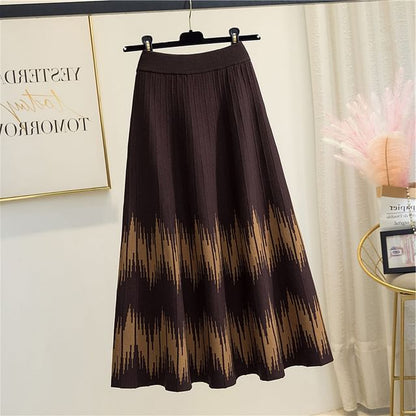Waist Skirt A-Line Midi High Printed Knit