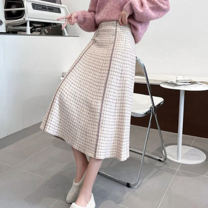 Midi High Skirt Knit A-Line Waist Plaid