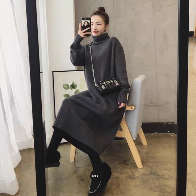 Midi Plain Turtleneck Long-Sleeve Sweater Dress