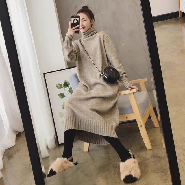 Midi Plain Turtleneck Long-Sleeve Sweater Dress