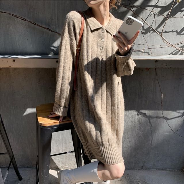 Dress Plain Polo-Neck Mini Sweater Long-Sleeve