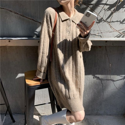 Dress Plain Polo-Neck Mini Sweater Long-Sleeve