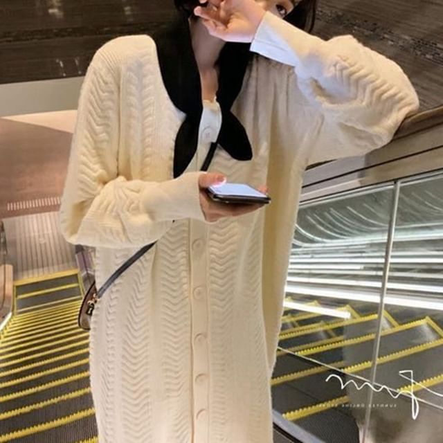 Dress Puff-Sleeve Midi Plain Knit Button-Up Tie-Neck