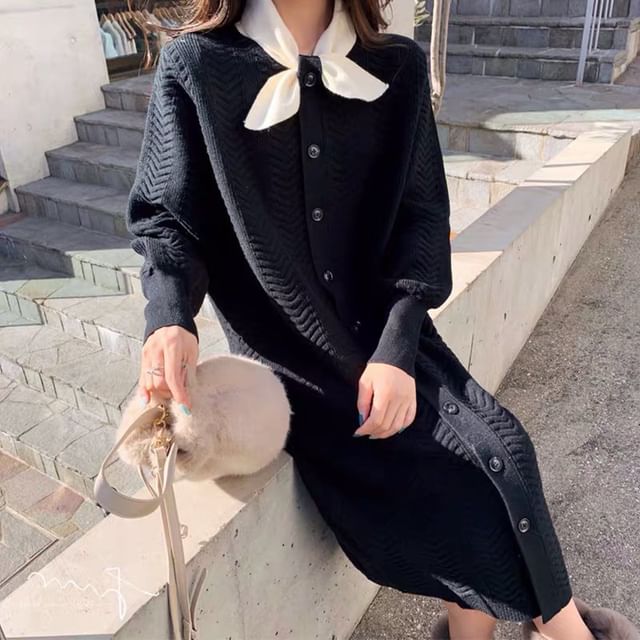 Dress Puff-Sleeve Midi Plain Knit Button-Up Tie-Neck