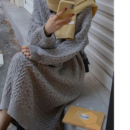 Plain Sweater Midi Dress V-Neck Long-Sleeve