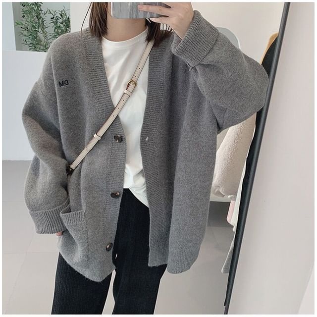 Letter Button-Up Embroidered V-Neck Cardigan