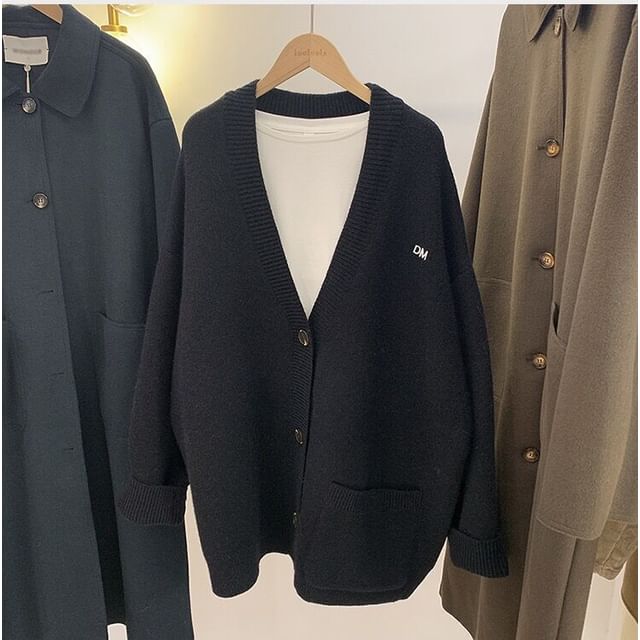 Letter Button-Up Embroidered V-Neck Cardigan