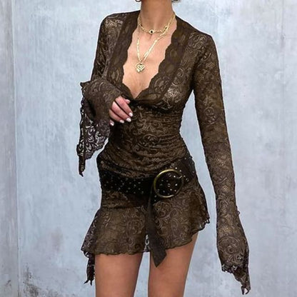 Long-Sleeve V-Neck Lace Mini Bodycon Dress