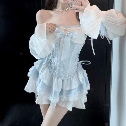 Wholesale Sample Two Mini Puff-Sleeve Lace Off-Shoulder Tone A-Line Dress / Trim