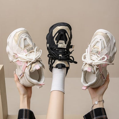 Mesh Platform Lace-Up Panel Sneakers