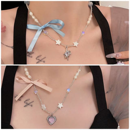 Pendant Rhinestone Necklace Ribbon