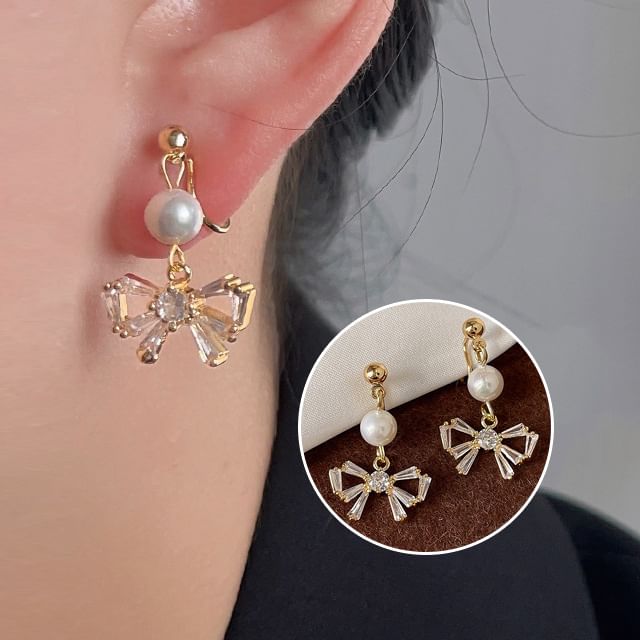 Faux Drop Alloy Pearl Bow Earring Rhinestone