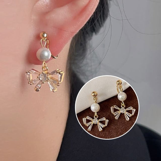Faux Drop Alloy Pearl Bow Earring Rhinestone