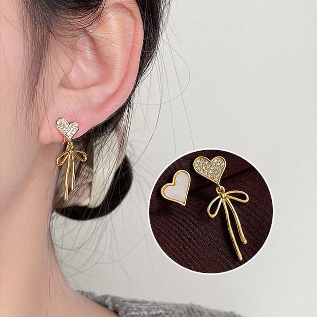 Bow Alloy Asymmetrical Rhinestone Drop Heart Shell Earring