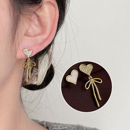 Bow Alloy Asymmetrical Rhinestone Drop Heart Shell Earring