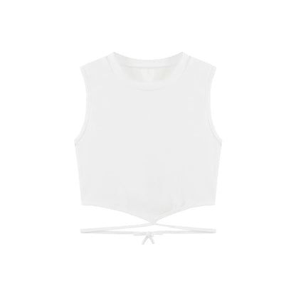 Top Back Crew Crop Tank Plain Criss Neck Cross Tie