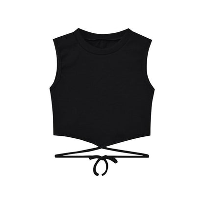 Top Back Crew Crop Tank Plain Criss Neck Cross Tie