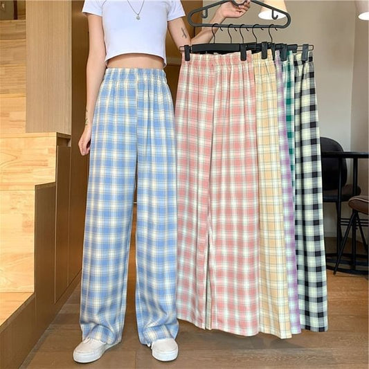 Waist Elastic Wide Plaid Pants Leg