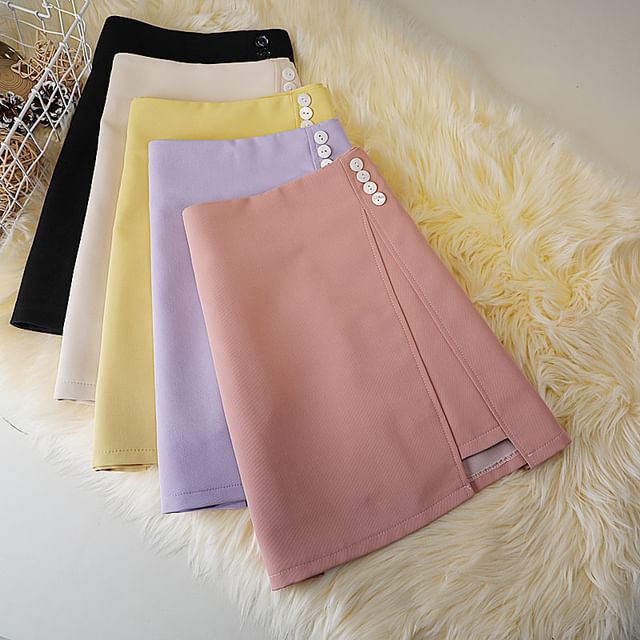 Plain High A-Line Waist Button Panel Mini Skirt