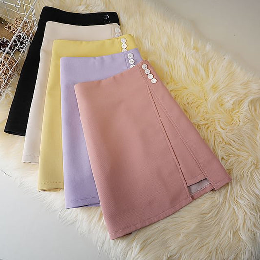 Plain High A-Line Waist Button Panel Mini Skirt