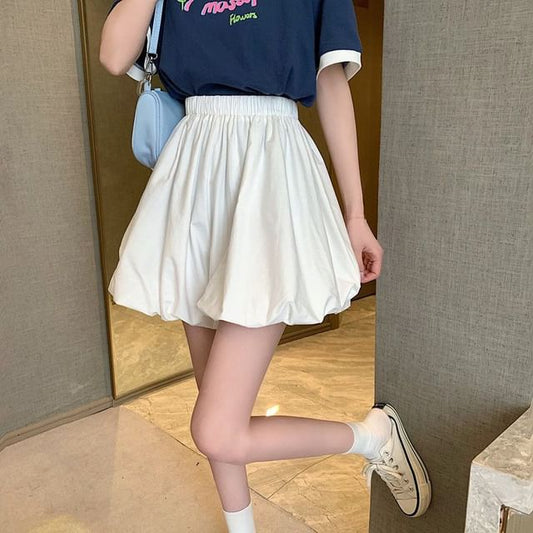 Elastic Waist Plain Mini A-Line Balloon Skirt