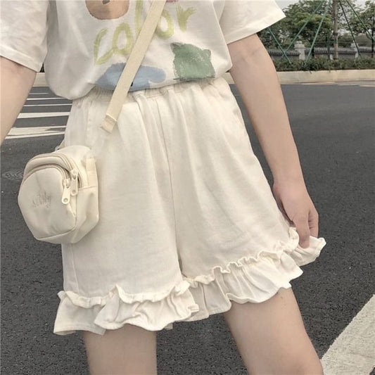 Shorts Plain Ruffle Waist Elastic