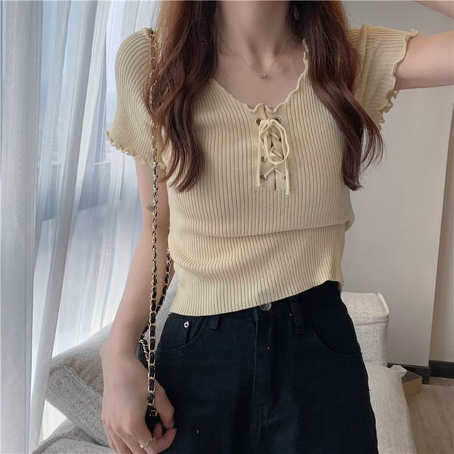 Ribbed Top Up Plain Lace Knit Short-Sleeve V-Neck