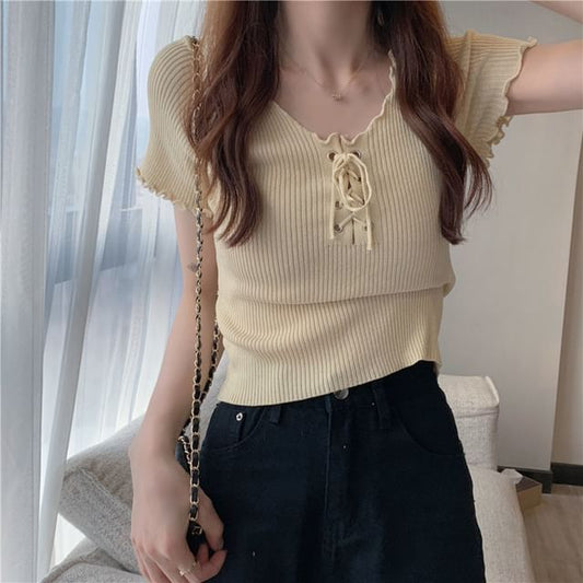 Ribbed Top Up Plain Lace Knit Short-Sleeve V-Neck