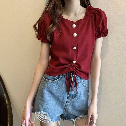 Short-Sleeve Square Faux Button Neck Knit Pearl Plain Drawstring Top