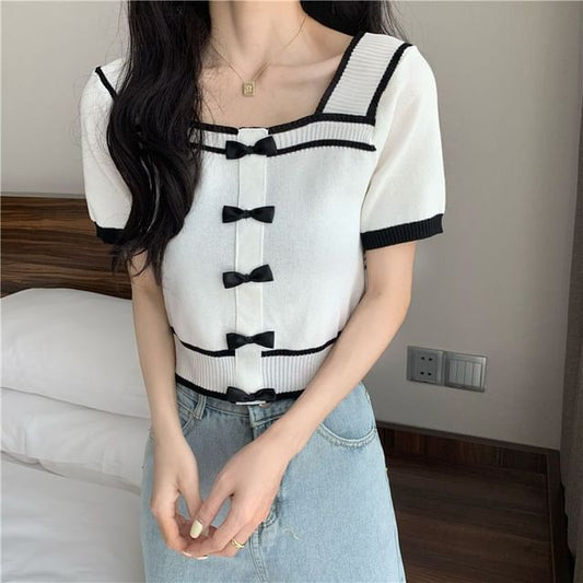 Square Neck Short-Sleeve Top Bow Knit