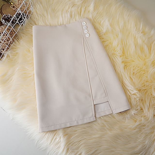 Plain High A-Line Waist Button Panel Mini Skirt