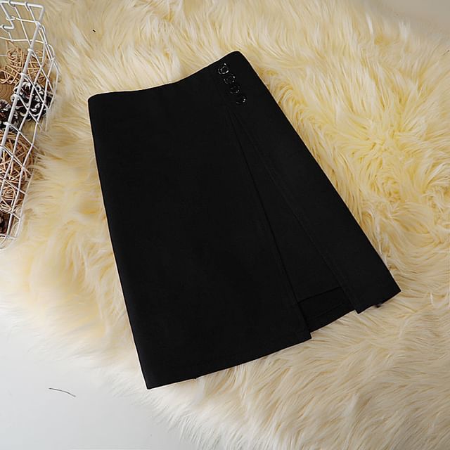 Plain High A-Line Waist Button Panel Mini Skirt