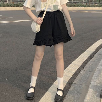 Shorts Plain Ruffle Waist Elastic
