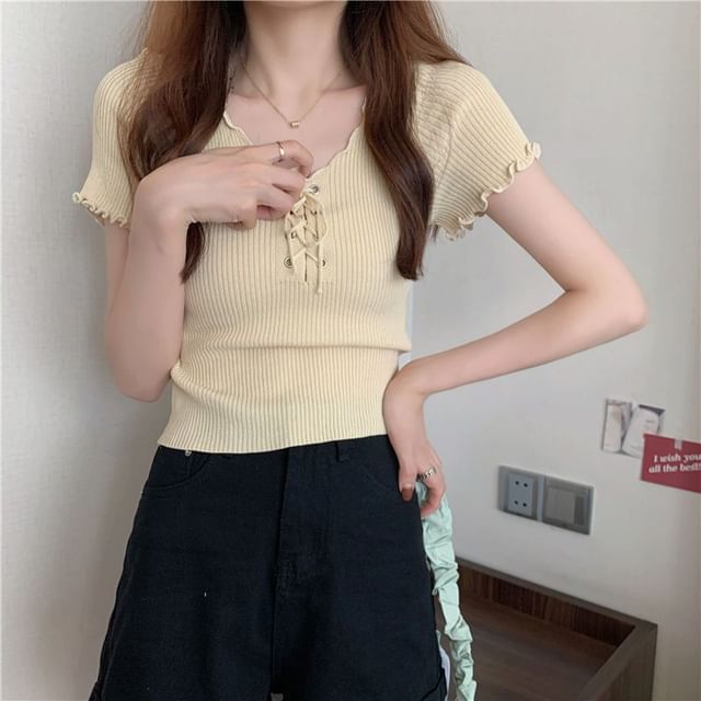 Ribbed Top Up Plain Lace Knit Short-Sleeve V-Neck