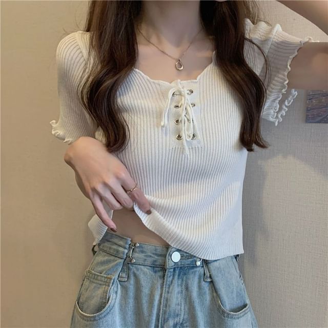 Ribbed Top Up Plain Lace Knit Short-Sleeve V-Neck