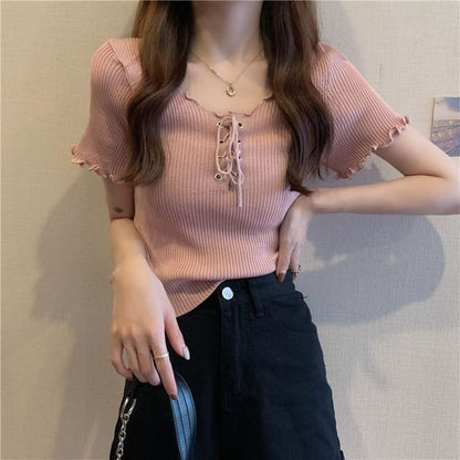 Ribbed Top Up Plain Lace Knit Short-Sleeve V-Neck