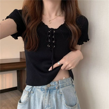 Ribbed Top Up Plain Lace Knit Short-Sleeve V-Neck