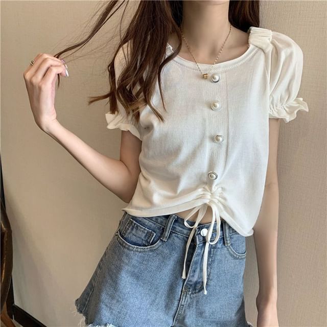Short-Sleeve Square Faux Button Neck Knit Pearl Plain Drawstring Top